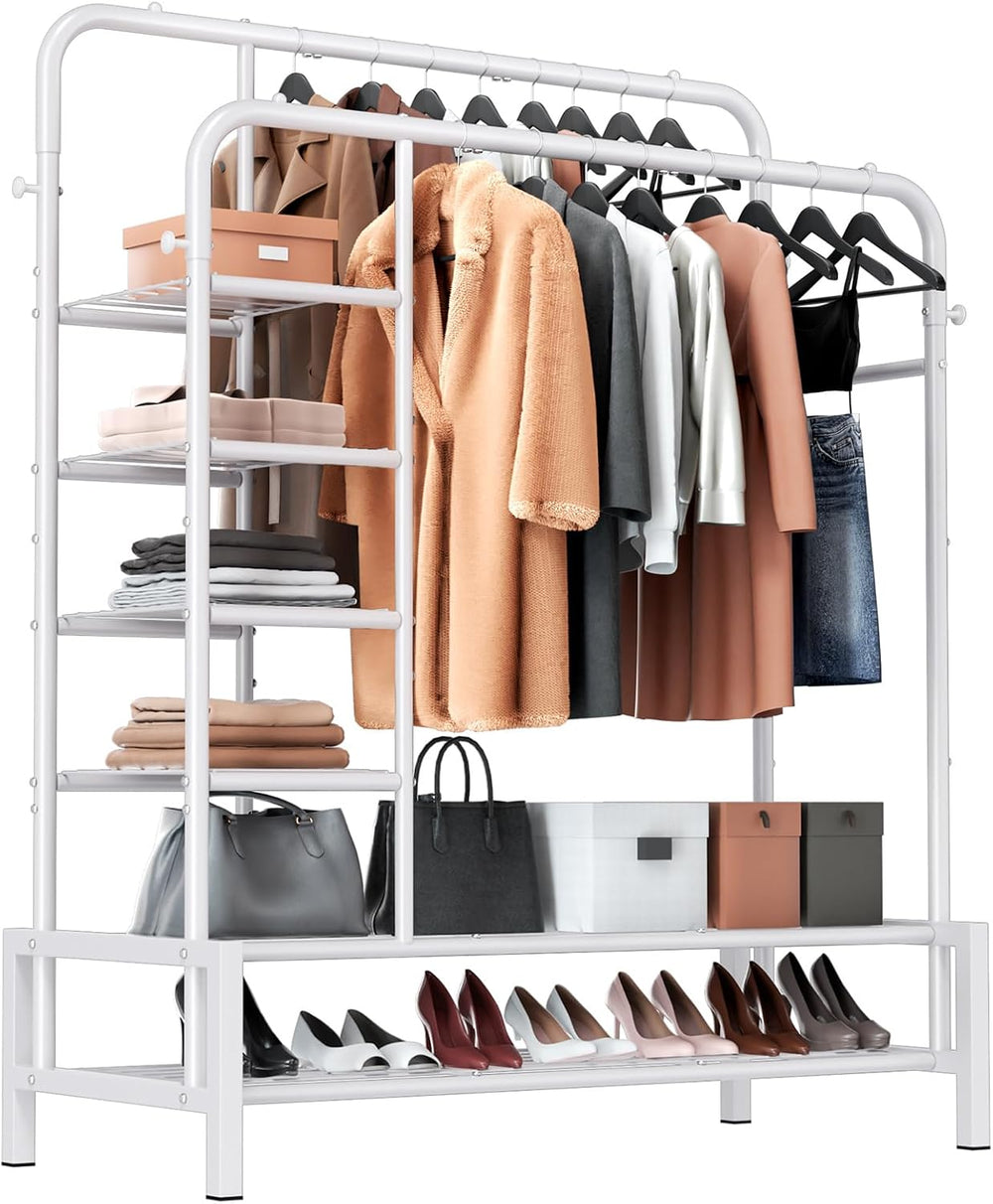 Clothes Rack with Shelves, Double Rods Clothing Rack for Bedroom, White