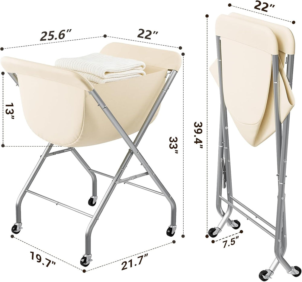ELYKEN Laundry Basket with Wheels, Collapsible Laundry Hamper, Cream