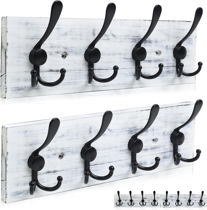 31.5" Large Coat Rack Wall Mount Coat Hooks with 8 Black Metal Triple Hooks, 1.4cm Thick Solid Pine Wood Wall Hooks for Hanging (Grey White, 4 Hooks)