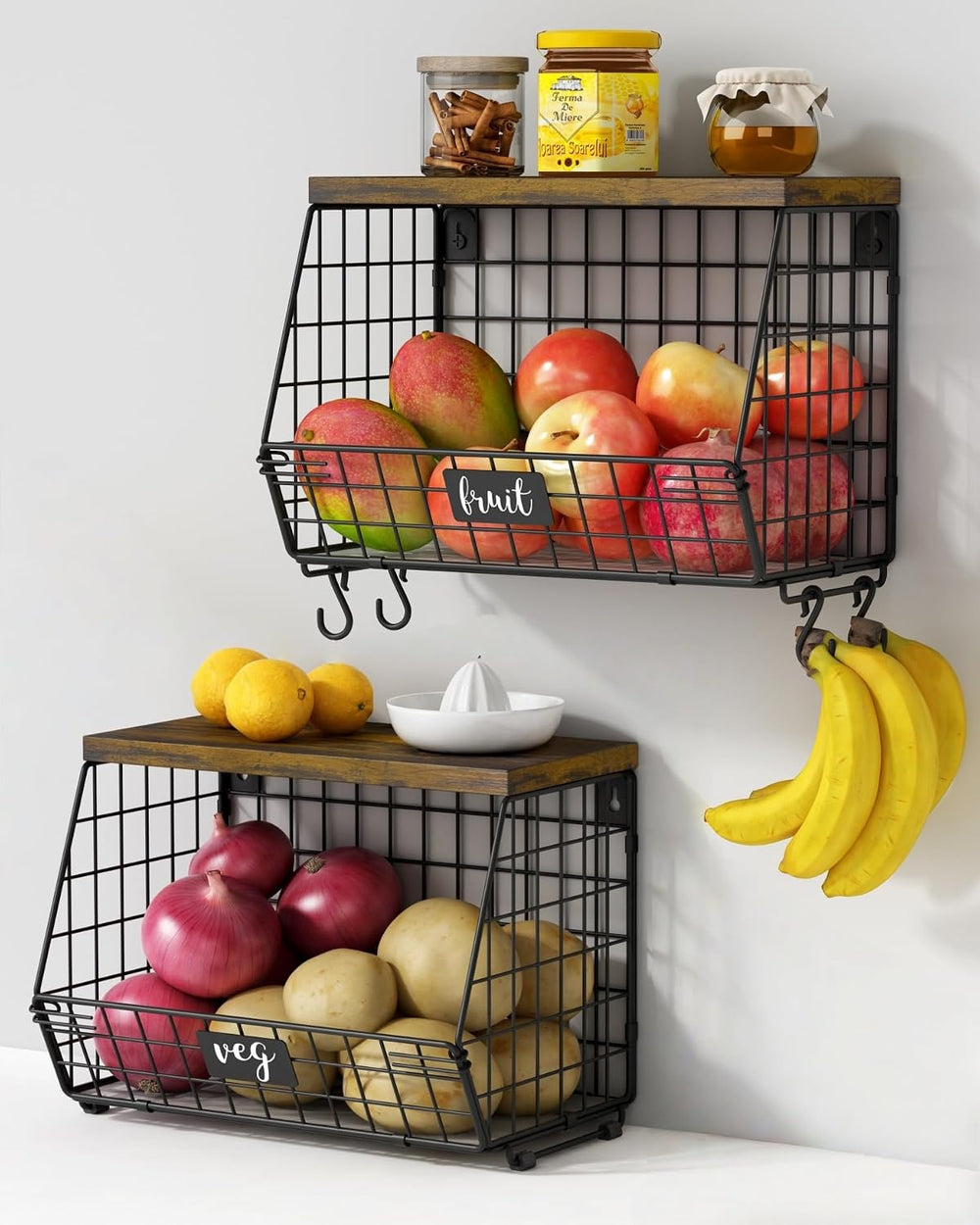 Goozii Hanging Wall Fruit Basket for Kitchen Counter 2 Pack, Stackable Wire B...