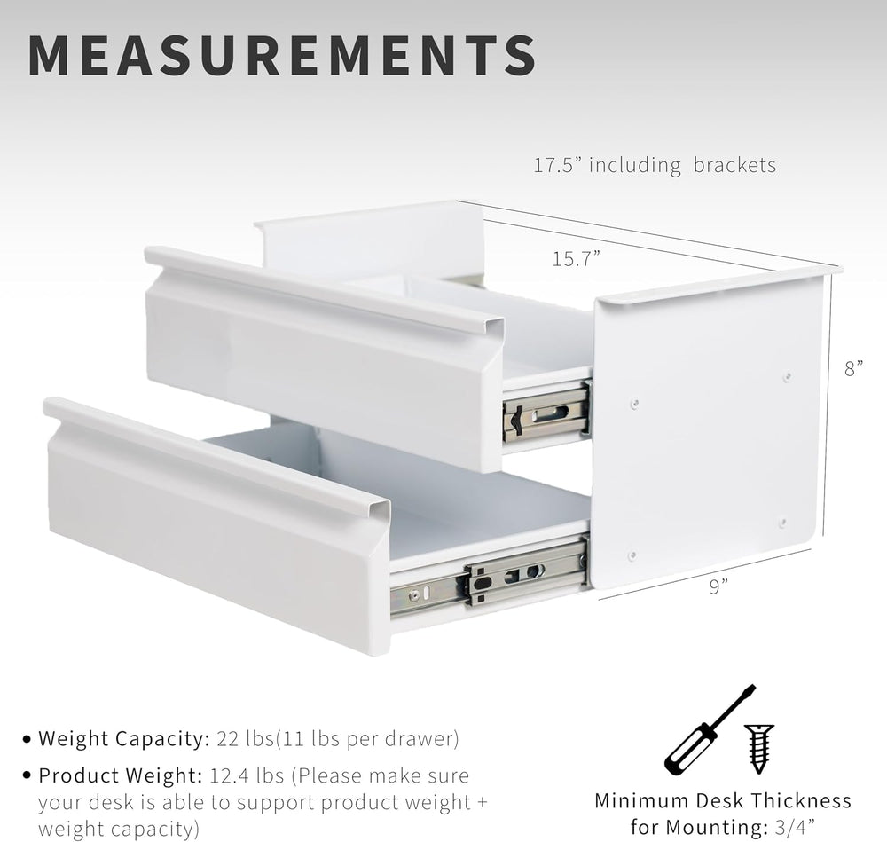 VIVO 16 inch Slide Out Dual Tier Desk Drawer, Under Desk 2 Layer Storage, Whi...