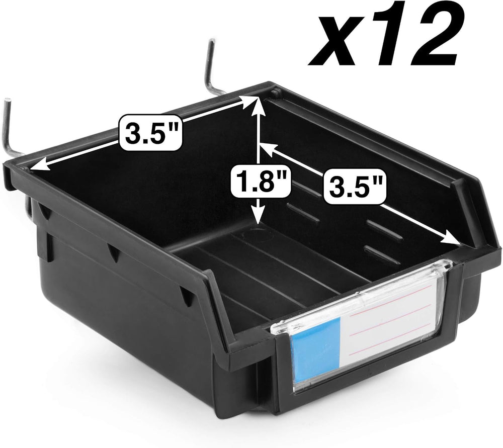 Pegboard Bins - 12 Pack Black - Hooks to Any Peg Board - Organize Hardware, A...