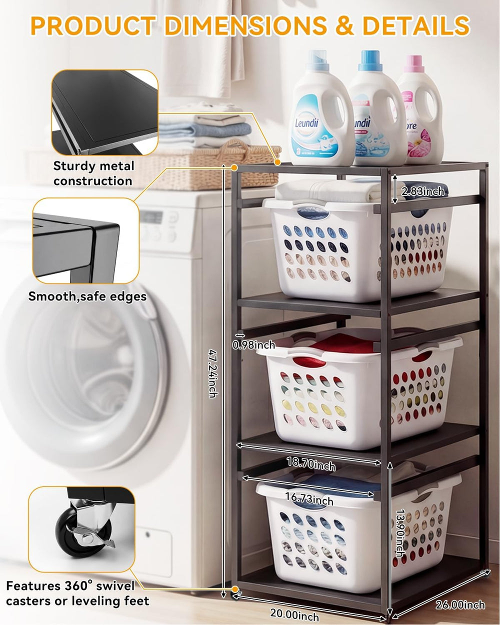 Laundry Basket Holder Shelf, 3-Tier Metal Laundry Basket Organizer with Wheel...