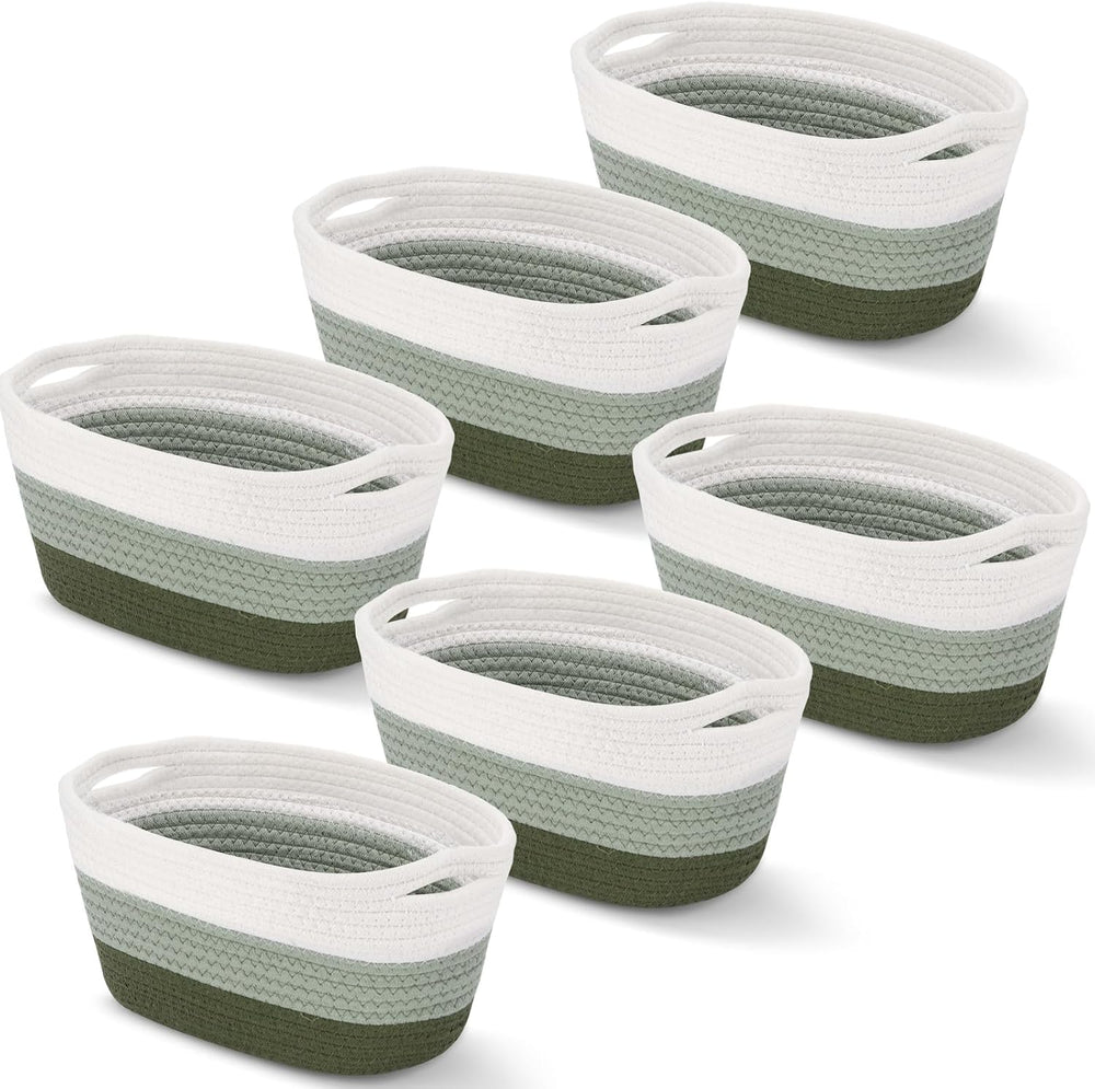 Sawysine 6 Pcs Storage Cotton Rope Baskets with Handles, Green and White