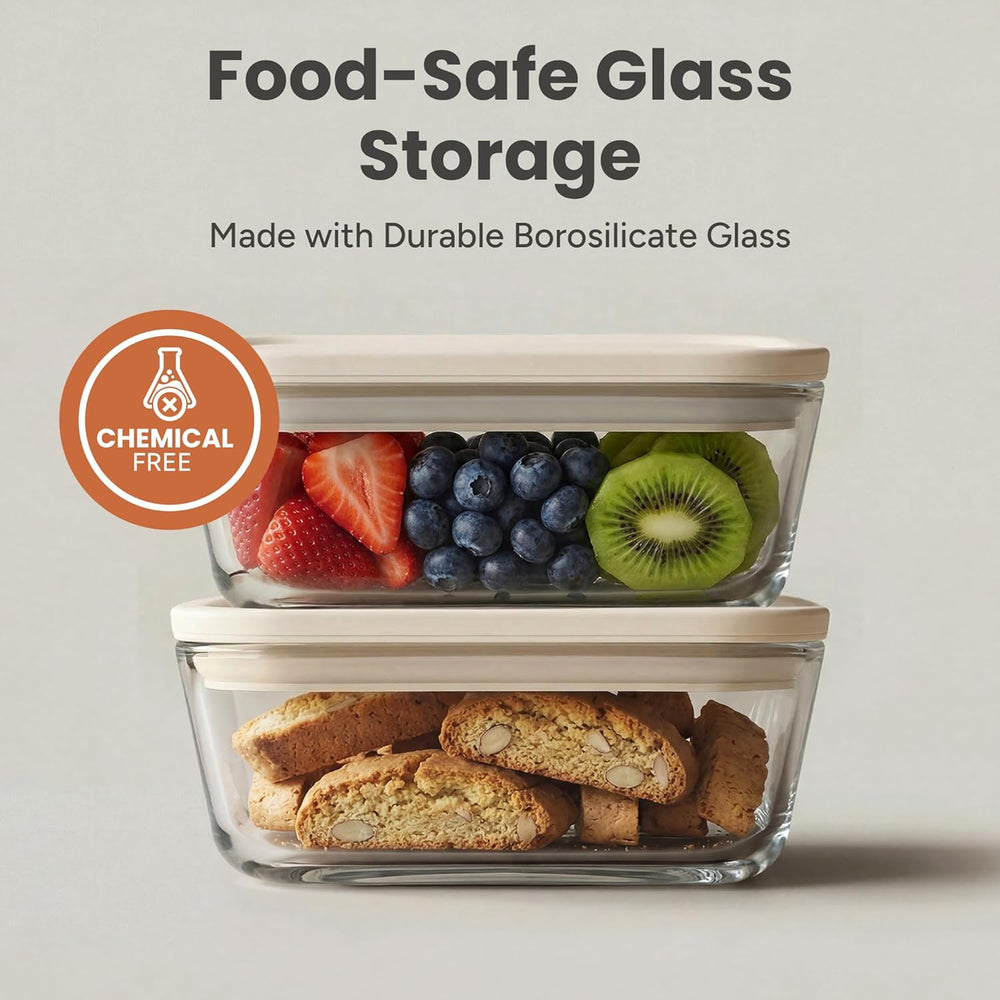 SMIRLY Glass Food Storage Containers with Lids & Organizer, 5-Pack, Cream