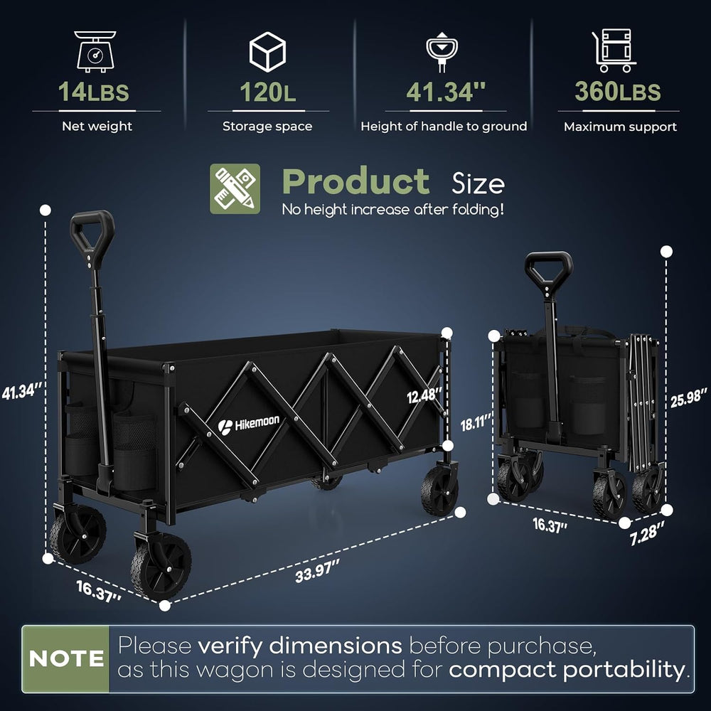 HIKEMOON 34'' Extra Long Folding Portable Wagon Cart, 120L 360LBS Black