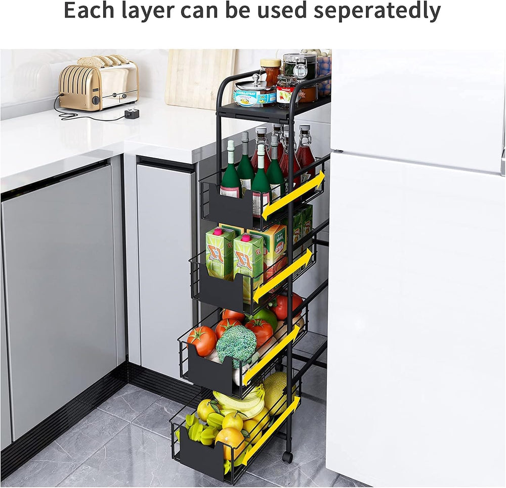 WHIFEA 5 Tier Slim Rolling Cart with Pull-Out Drawers, Multi-Layer Narrow Sto...