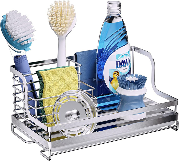 Consumest Sink Caddy, 5-in-1 Sponge Holder Kitchen Sink Caddy Organizer with Removable Drain Tray for Countertop, 304 Stainless Steel Soap Sponge and Dish Brush Holder - Silver
