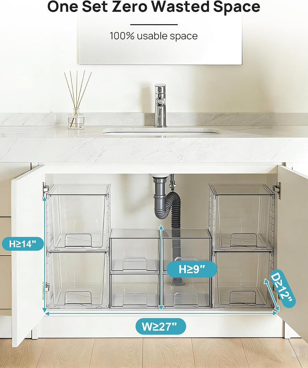 Vtopmart 8 Pack Clear Pull-Out Under Sink Organizer Set (4 Large & 4 Small)