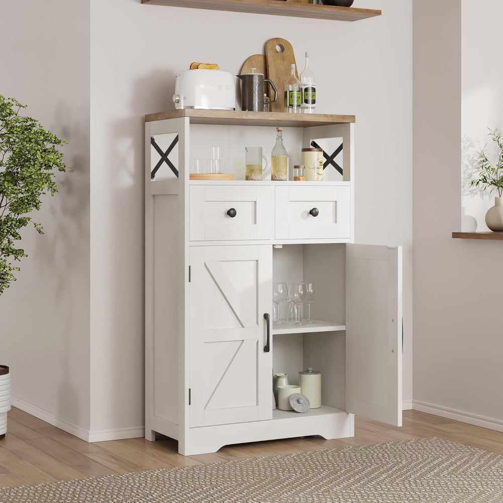 Farmhouse Storage Cabinet with Drawers, Small Kitchen Pantry Cabinet, White