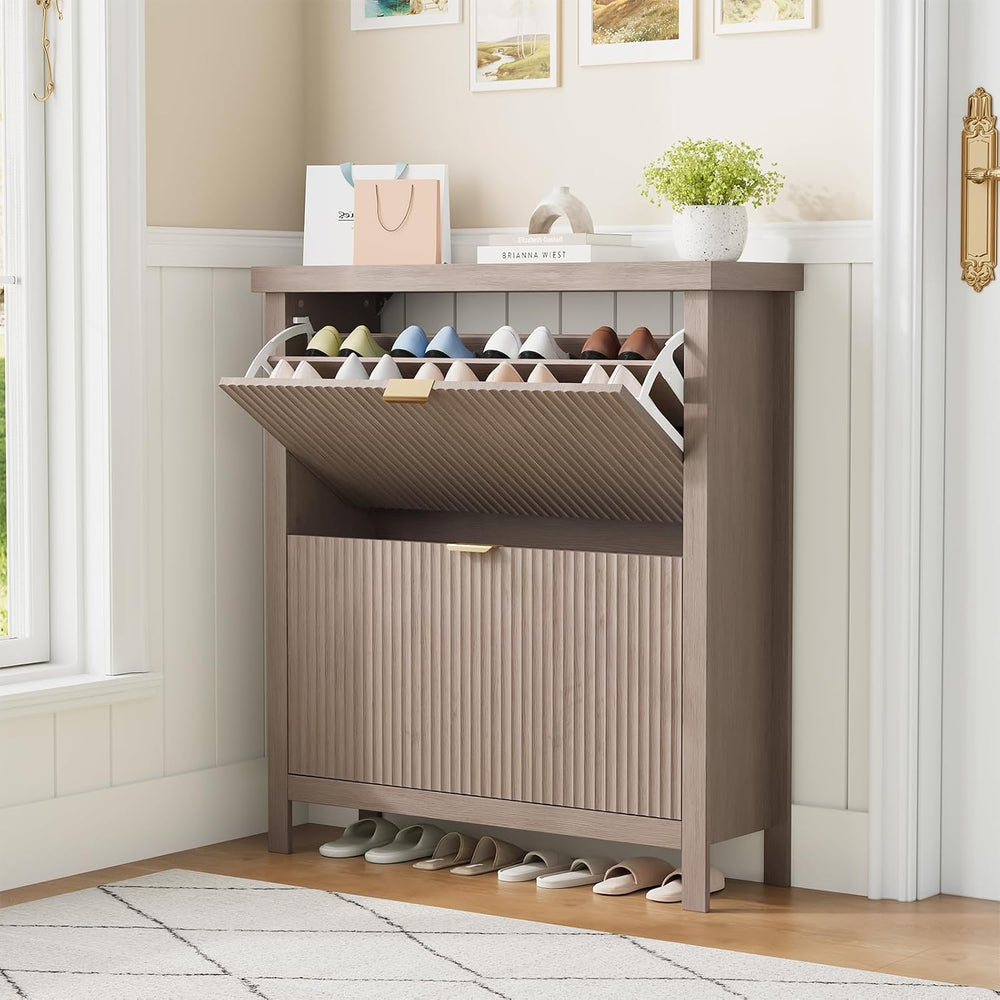 Fluted Shoe Cabinet with 2 Flip Drawers, Slim Entryway Storage