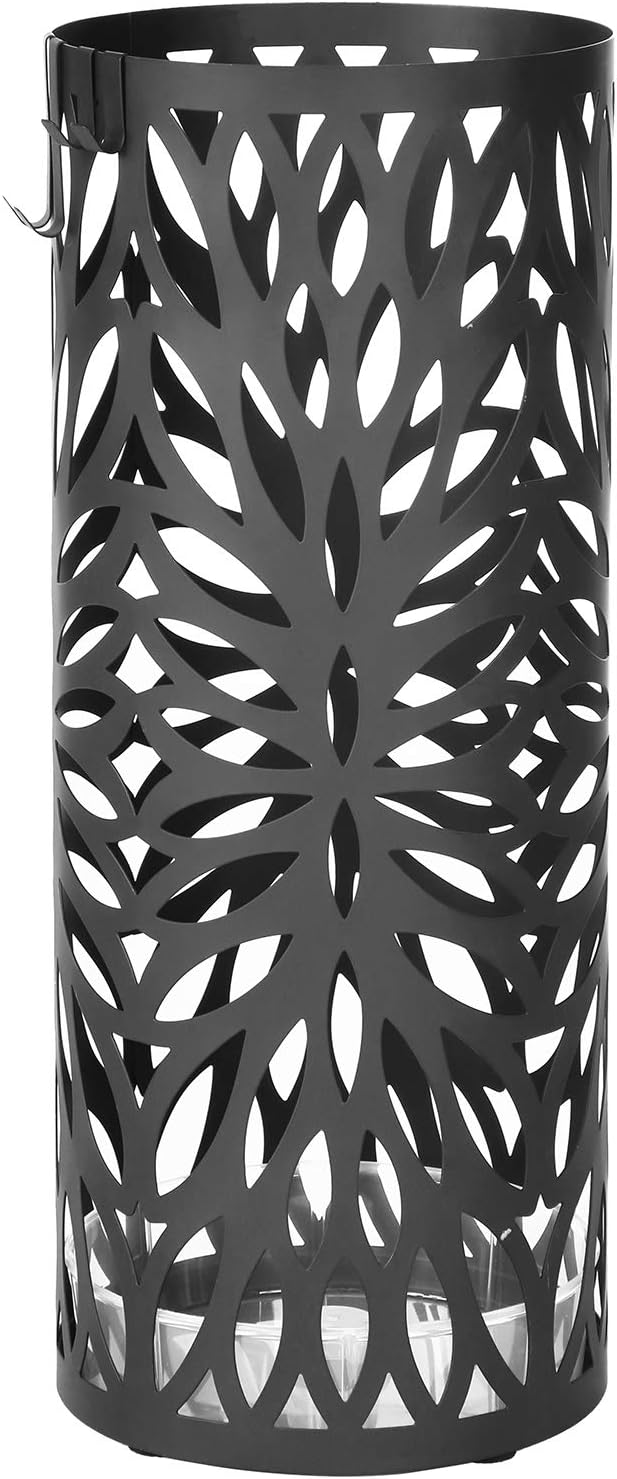 SONGMICS Umbrella Stand, Steel Round, Detachable Drip Tray, 4 Hooks