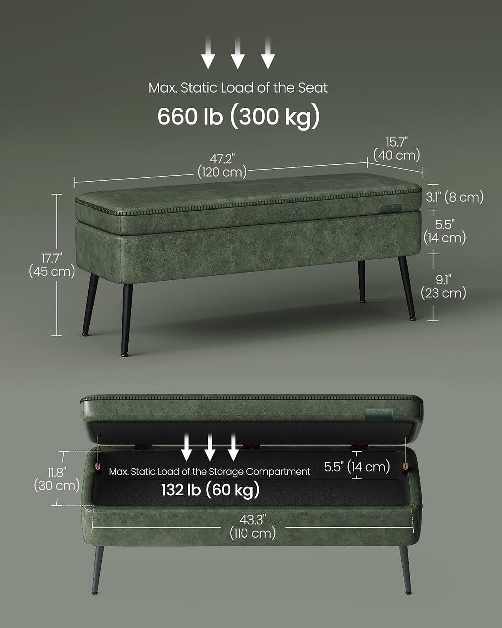 VASAGLE Storage Ottoman Bench, PU Leather, Steel Legs