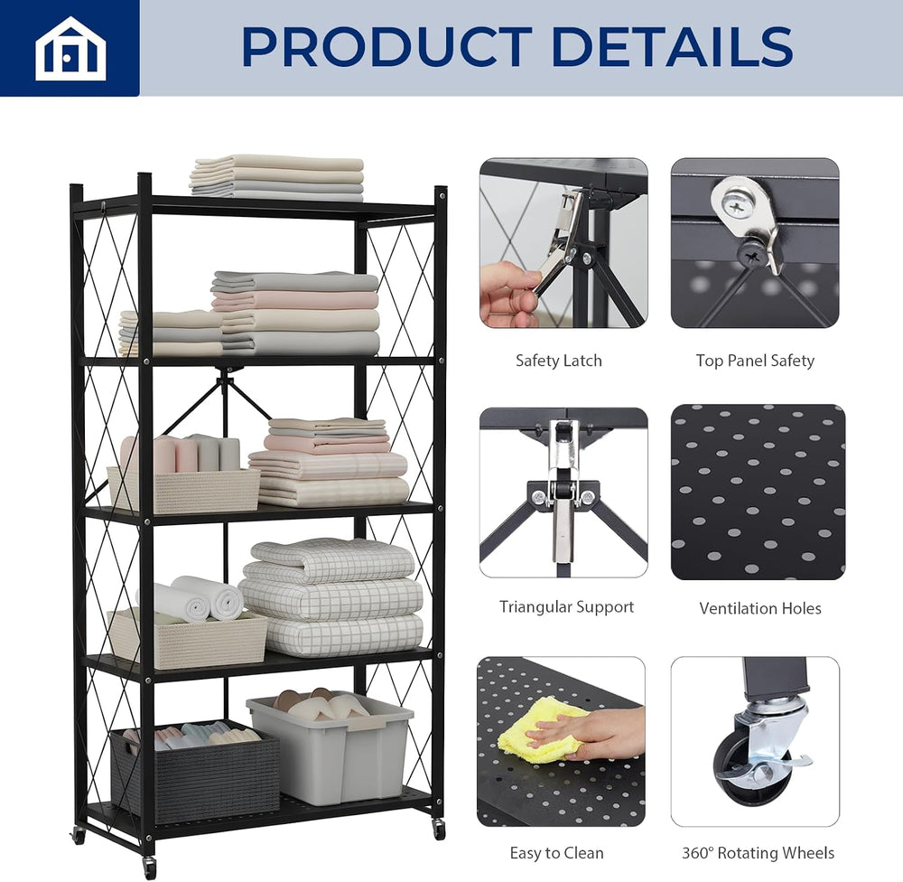 5 Tier Foldable Storage Shelf with Wheels, Heavy-Duty Metal Shelving Unit, No...
