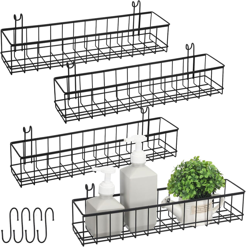 Black 4 Pack Grid Wall Hanging Baskets with 16 S Hooks, 15.8 x 3.9 x 3.2 Inch...