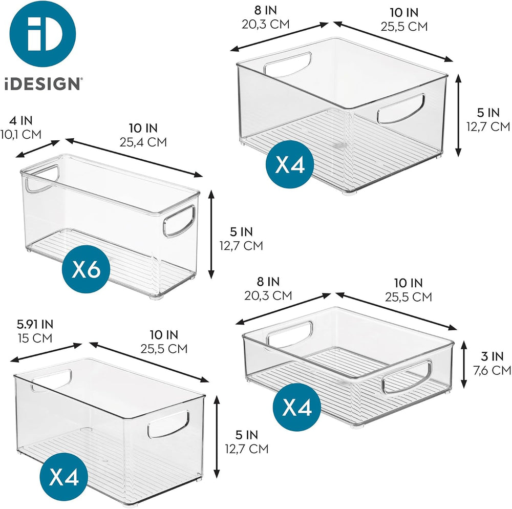 iDesign Stackable Plastic Handle Bin Storage Organizers, 18 Pack, Clear