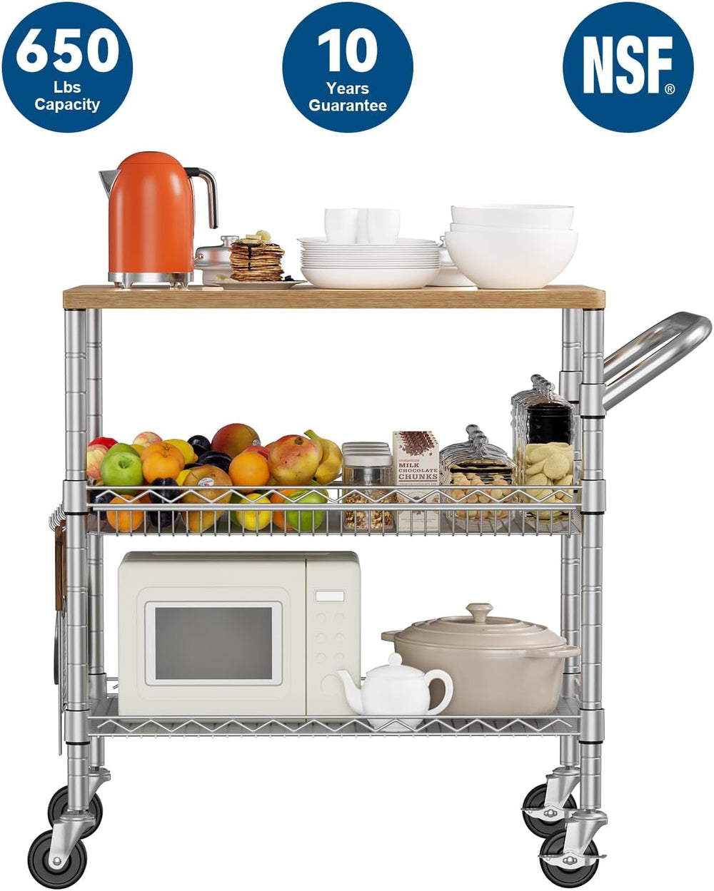 3 Tier Rolling Kitchen Carts with Wheels, Heavy Duty Rolling Utility Cart wit...