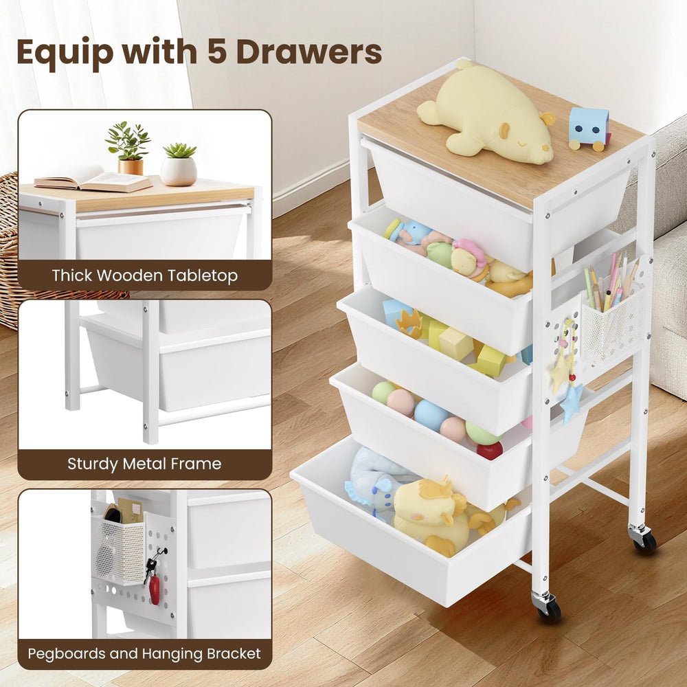 Rolling Cart with 5 Drawers, Plastic Drawer Storage Carts with Wheels & W...