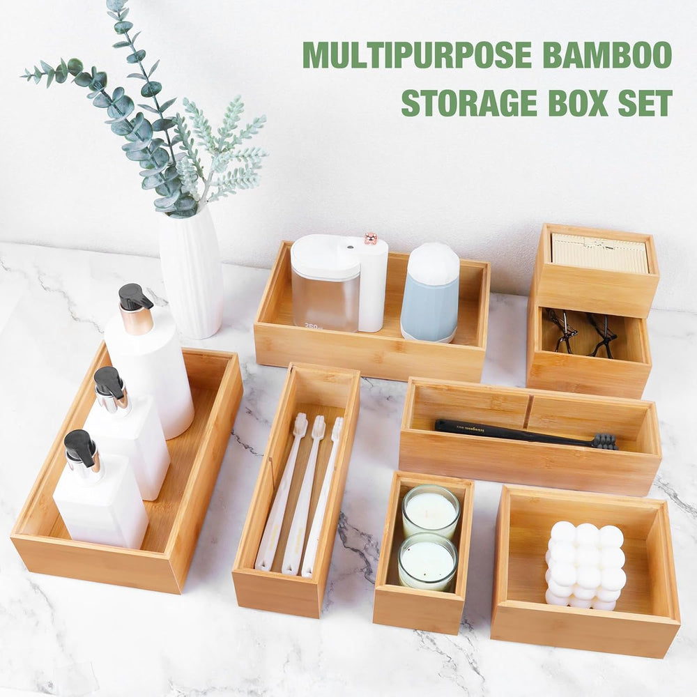 Bamboo Drawer Organizer Set, 8 PCS Multi-Use Wood Drawer Storage Boxes, Junk ...