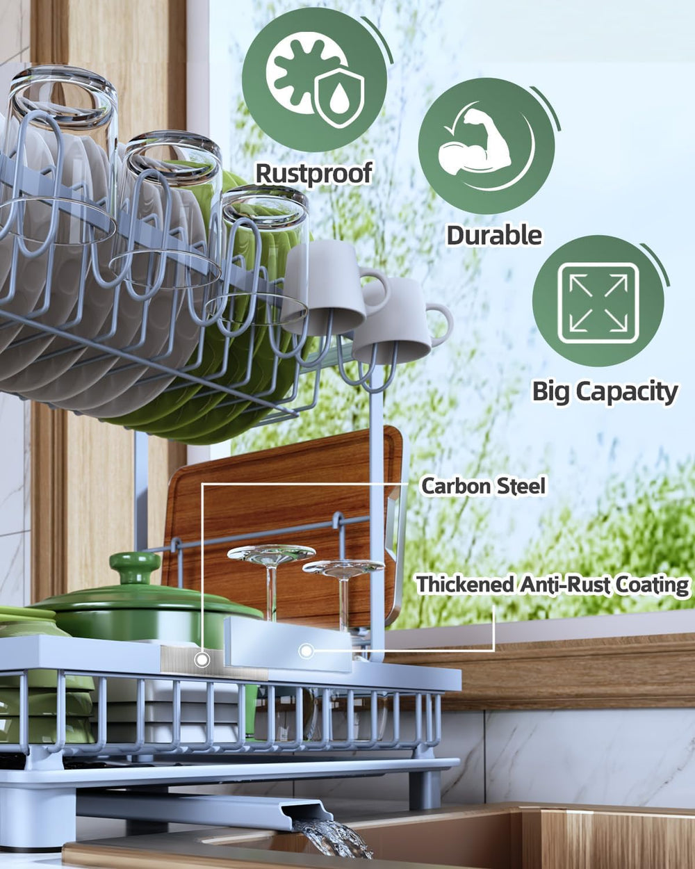 2-Tier Dish Drying Rack for Kitchen Counter, Space-Saving, Blue