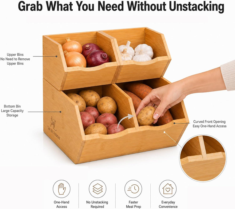 Bamboo Pantry Storage Bins - Set of 4 (2 Large, 2 Small) Stackable Potato and...