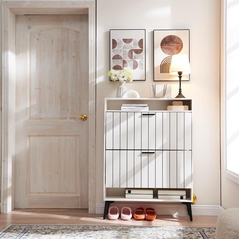 Narrow Shoe Storage Cabinet with Flip Drawers Wooden Organizer Drawer and Ope...