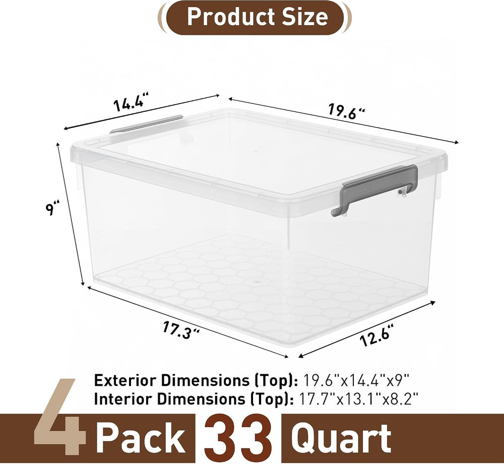Citylife 33 Qt Ultra-Thick Plastic Clear Storage Bins with Lids, 4-Pack