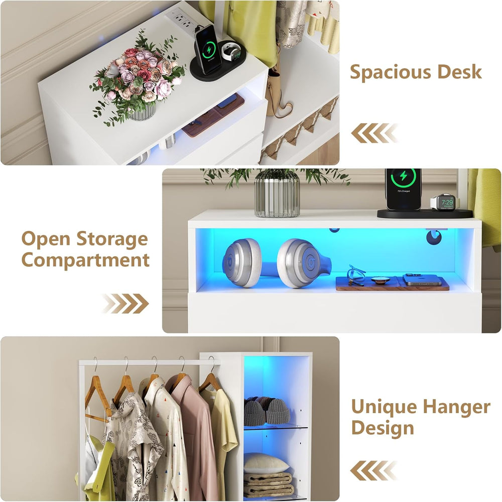 Dresser with Hanging Rack, 3 Drawers Dresser with Charging Station & LED