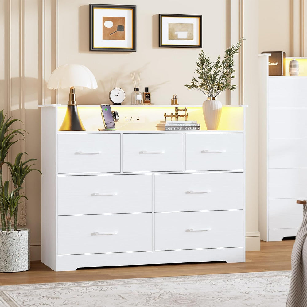 Garvee 7 Drawer Dresser with LED Light and Charging Station, White