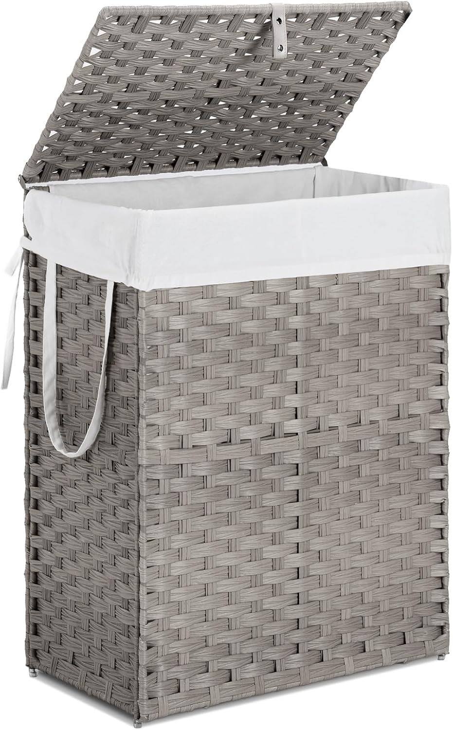 90L Laundry Hamper with Lid, Hand-Woven Pp Rattan Laundry Basket with Compart...