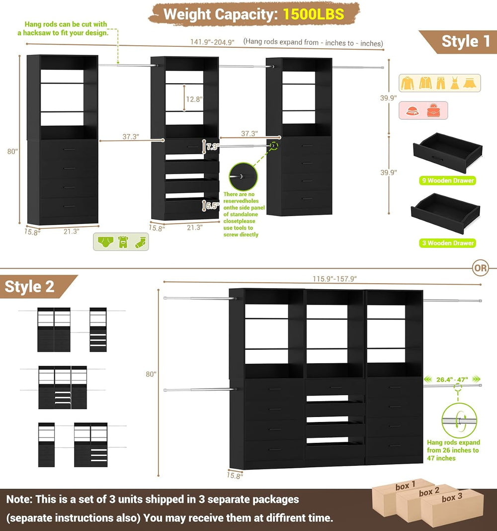 Aheaplus Closet System with 12 Drawers, 8.5-11.5Ft Closet Organizer System
