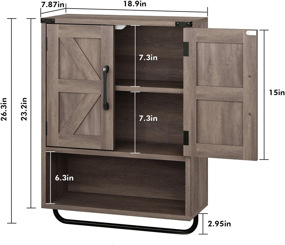RUSTOWN Farmhouse Wall Storage Cabinet with 2 Barn Door & Towel Rack