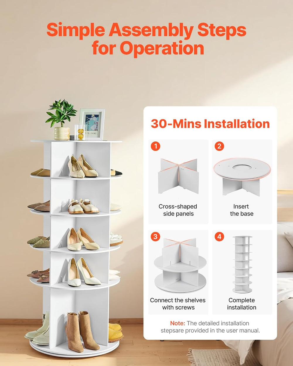 VEVOR 5 Tiers Rotating Shoe Rack Tower, 360° Spinning Shoe Rack, Revolving St...