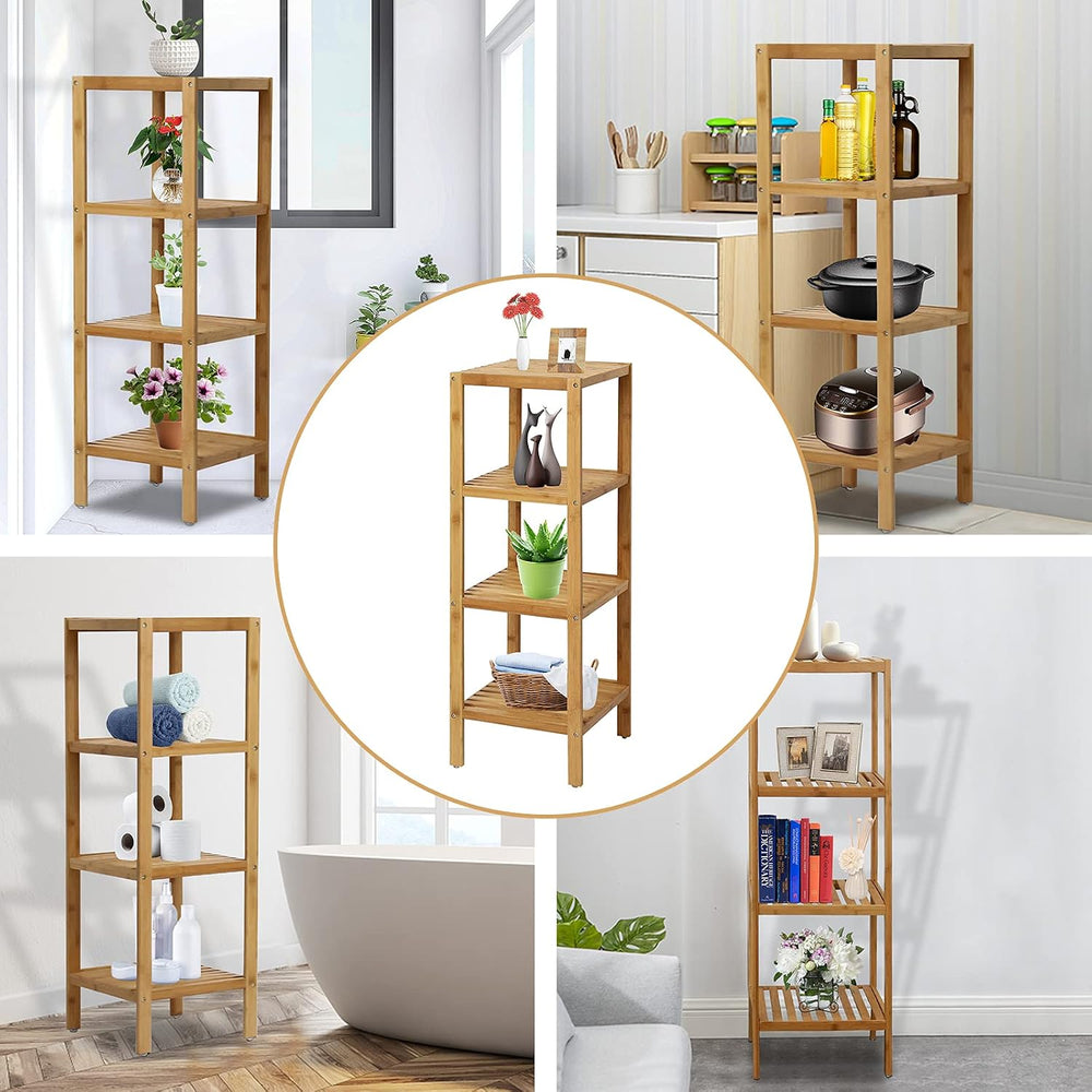 Bamboo Bathroom Shelf Square 4-Tier Storage Shelves Free Standing Rack Multif...