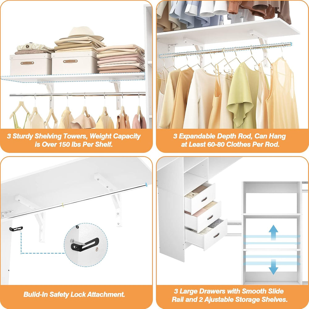 iSunirm 8FT Closet System, 96'' Closet Organizer System with 3 Hangin...
