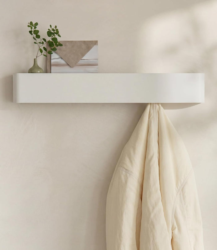 Kazai. Coat Rack Wall Mount with Shelf 'Tone' | Modern Design Coat Hanger with Hidden Hooks and Storage | Hat Rack with Shelf in Metal | Wall-Mounted Purse Organizer | White