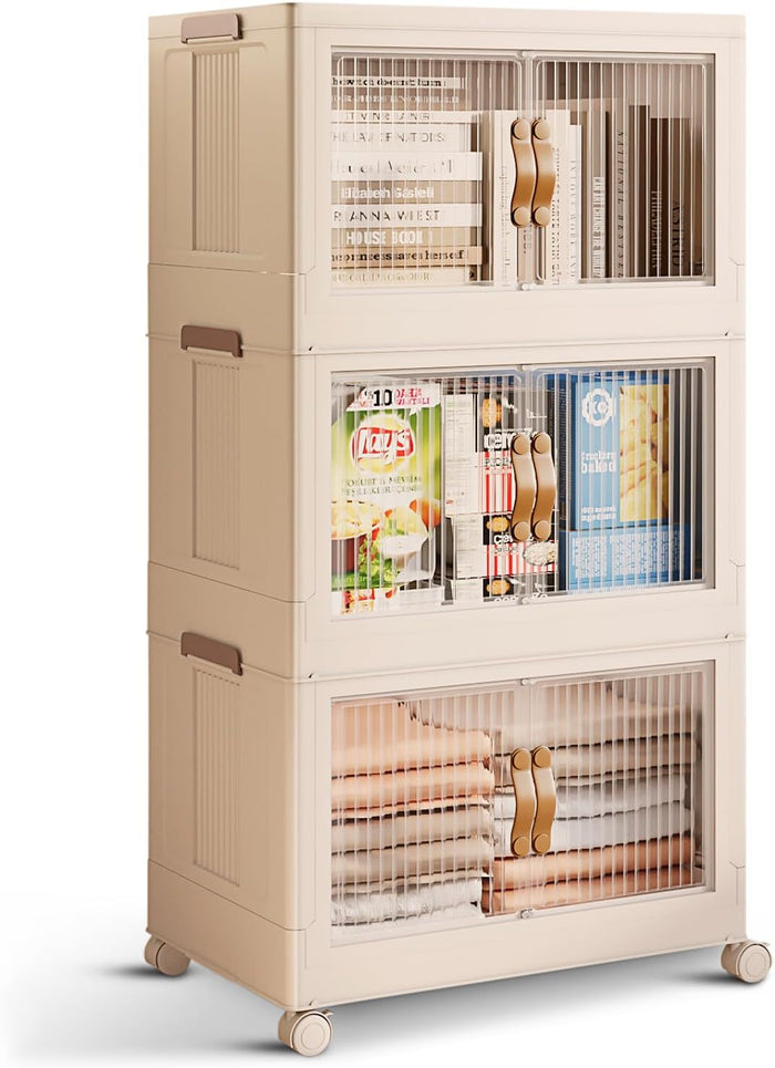 3 Tier Large Stackable Storage Bins with Lids Open Front & 360° Wheels 84.5 QT - Collapsible Storage Bins Home Office Closet Storage Organization, Foldable Clothes Storage Cabinet, 21 GAL