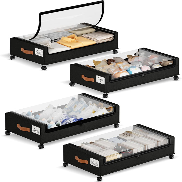 Yecaye 60L Under Bed Storage with Wheels, 4 Pack, Black