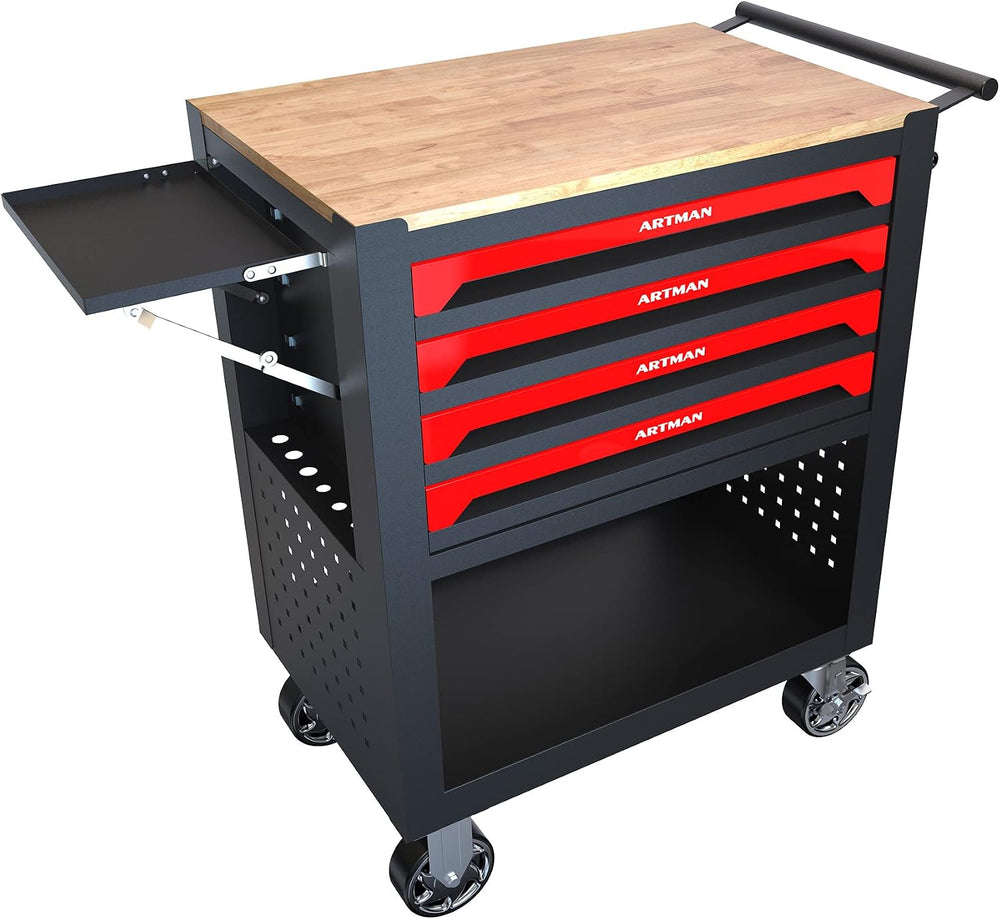 Lockable 4-Drawer Rolling Tool Chest with Wooden Top Workbench