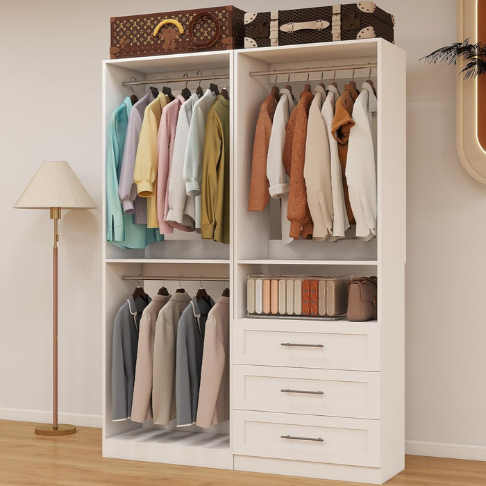 Closet System with 3 Drawers, 4FT-10FT Closet Organizer Systems with 5 Hanging Rods, Walk in Closet Freestanding Corner Closet System Modular Closet System 2 Sets White (4FT)