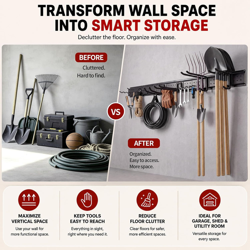 Garage Wall Organizer - 49.5’’ Garden Tool Organizer Wall Mount, 450 LBS Heav...