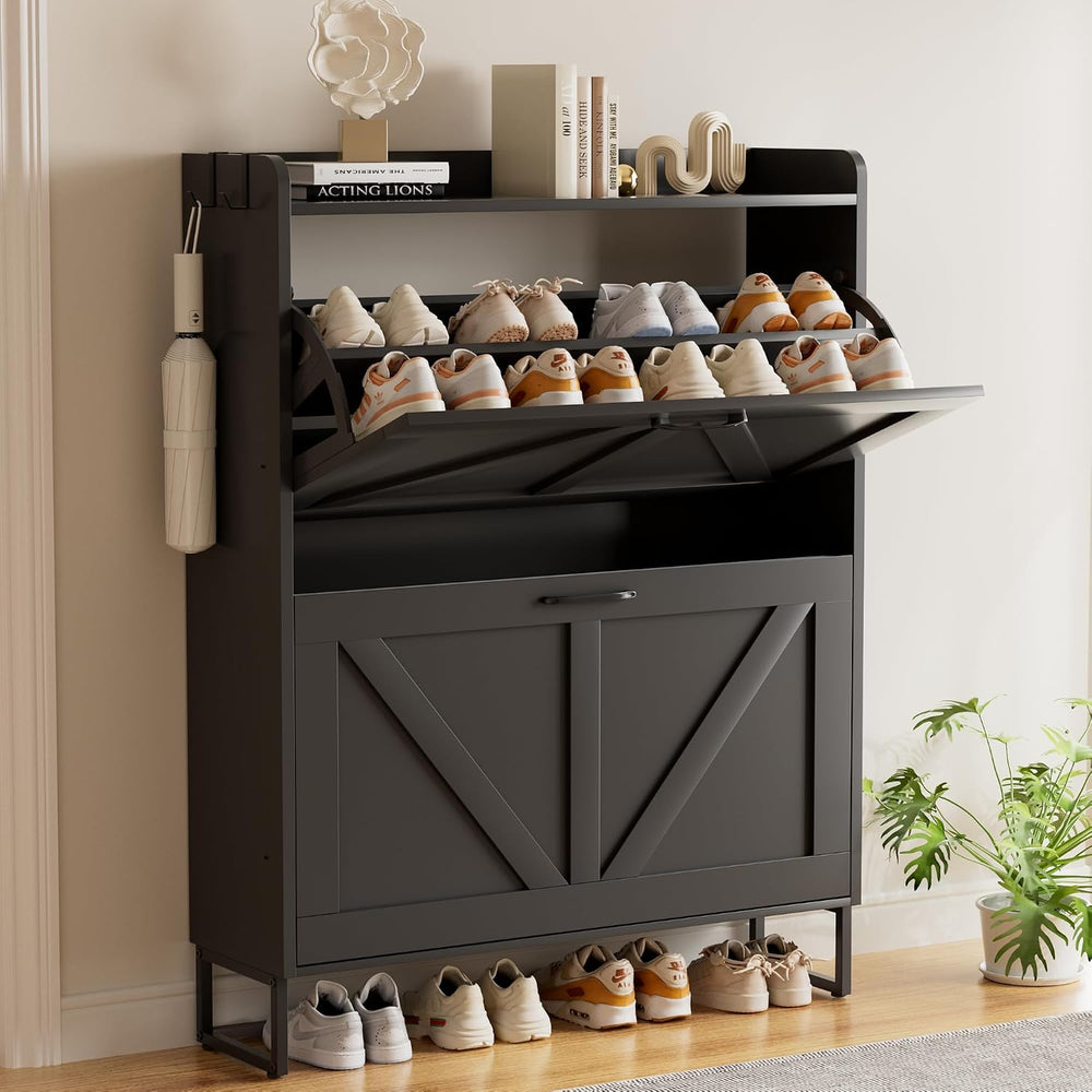 EOYUTLLY Shoe Cabinet for Entryway with 2 Flip Drawers,Narrow Wooden Shoe Sto...