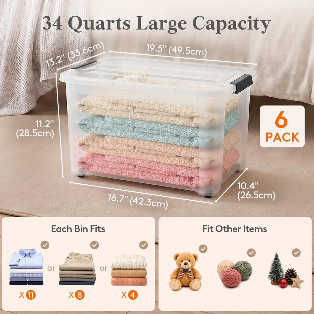 Lifewit 34 Qt Clear Storage Bins with Lids, 6 Pcs