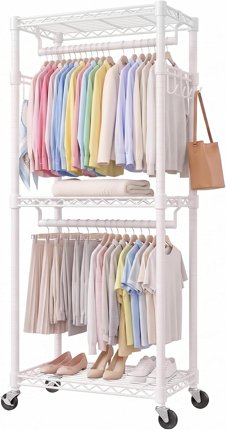 Rolling Clothing Rack-Heavy Duty Clothes Rack with Lockable Wheels, White