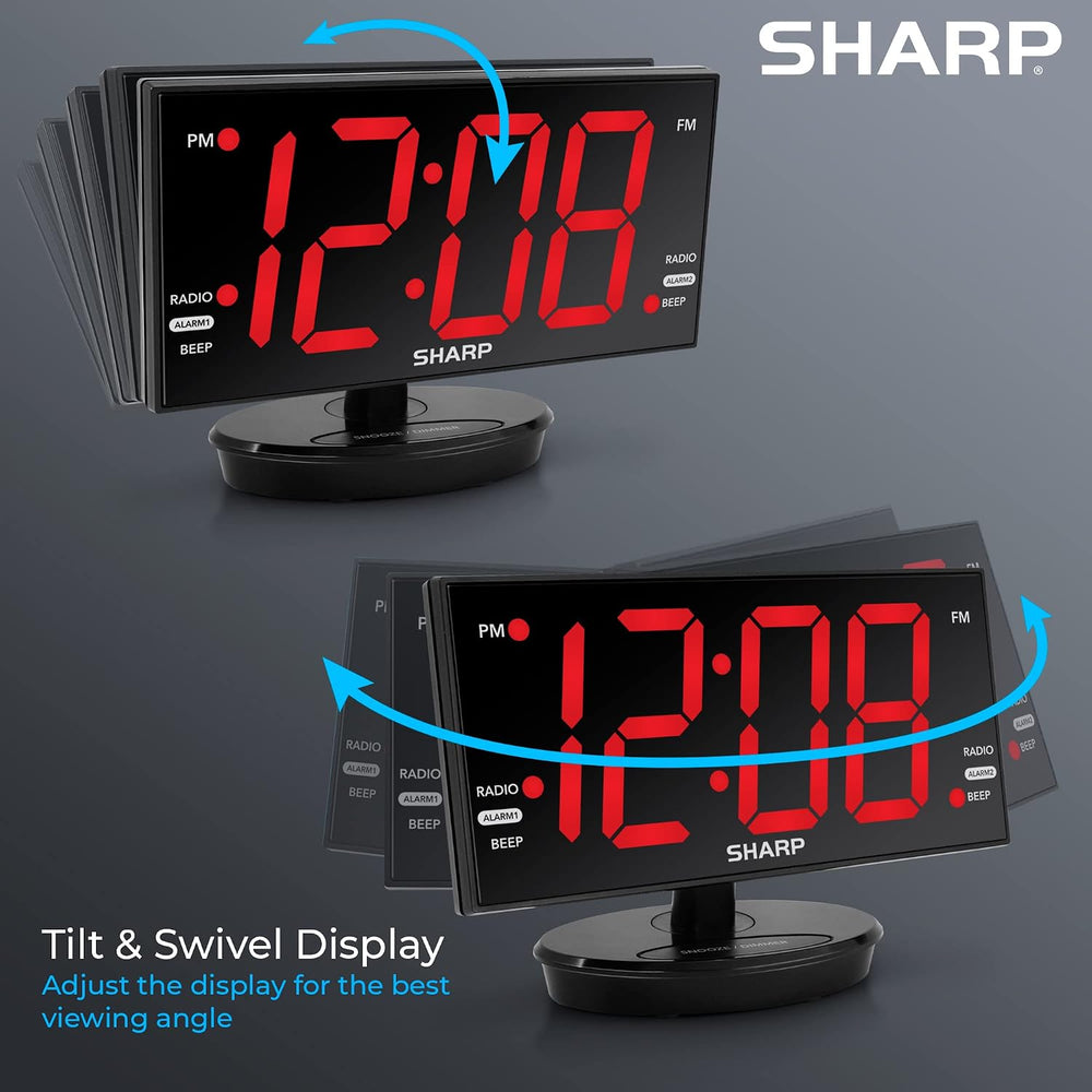 Sharp AccuSet Digital Alarm Clock, 8.9" Tilt/Swivel, FM Radio, Dual USB