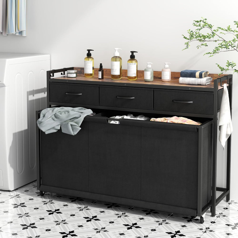 Laundry Hamper Laundry Basket with 3 Section Pull-Out Rolling Bags, Laundry S...