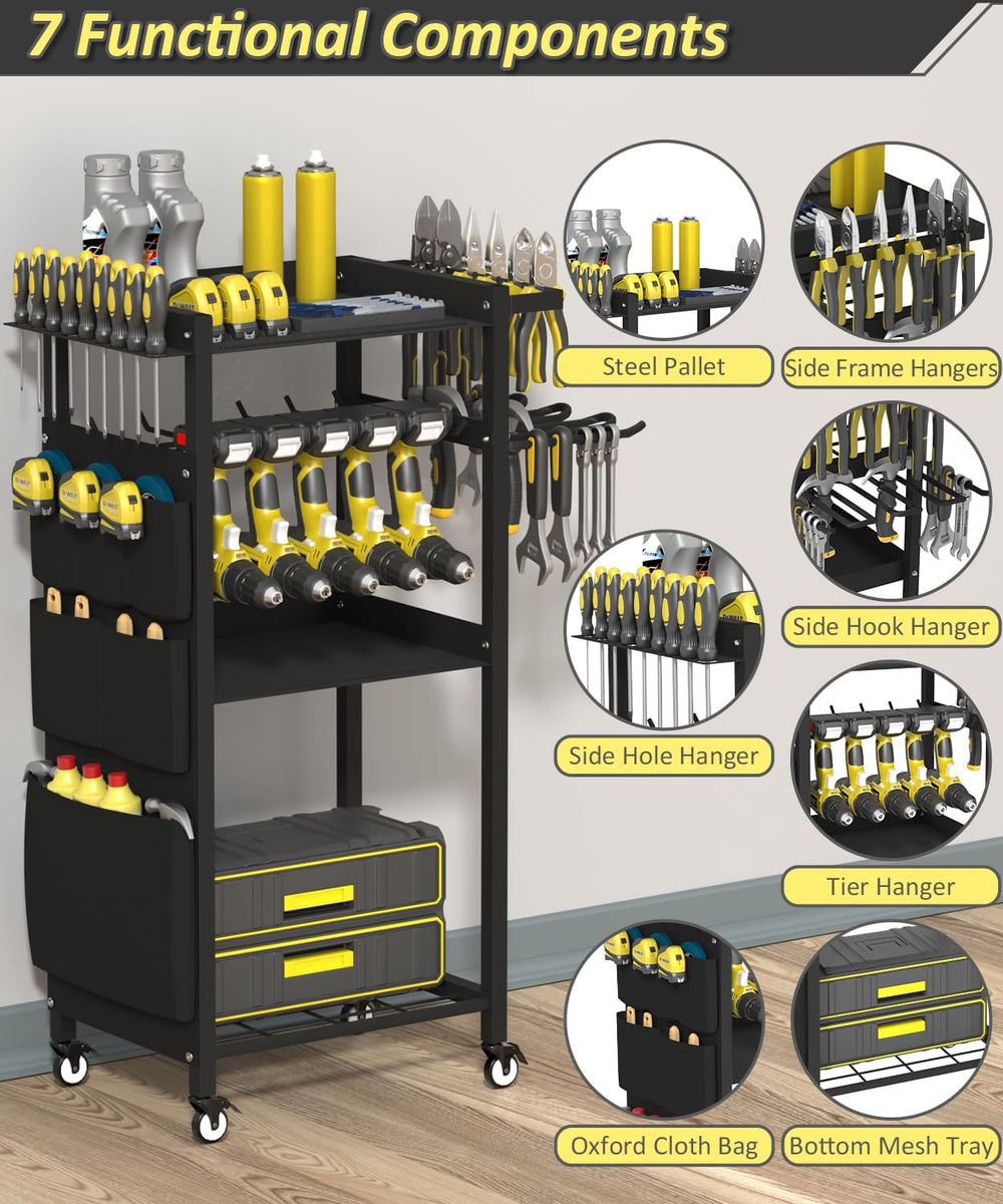 4-Tier Rolling Power Tool Organizer Storage Cart, Garage Organization on Whee...
