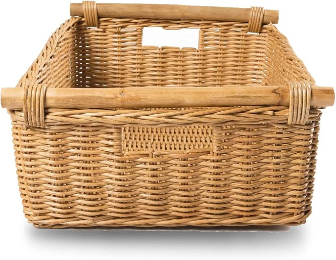 The Basket Lady Low Pole Handle Wicker Storage Basket, 19.5 in L x 12.5 in W x