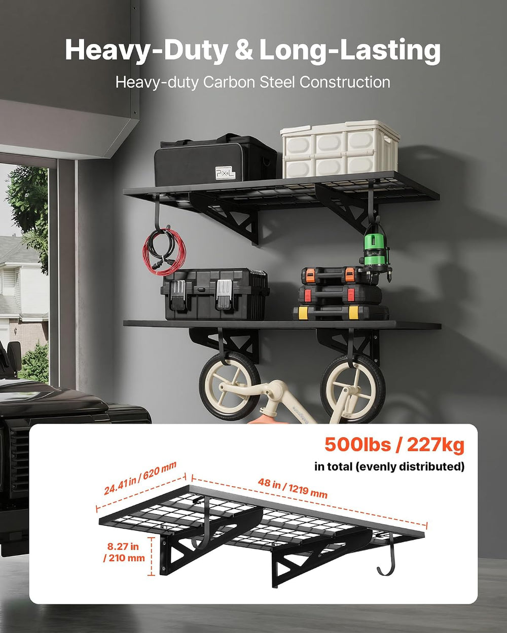 VEVOR 2-Pack Heavy Duty Garage Wall Shelving, 2 x 4 ft Steel Wall Mounted She...