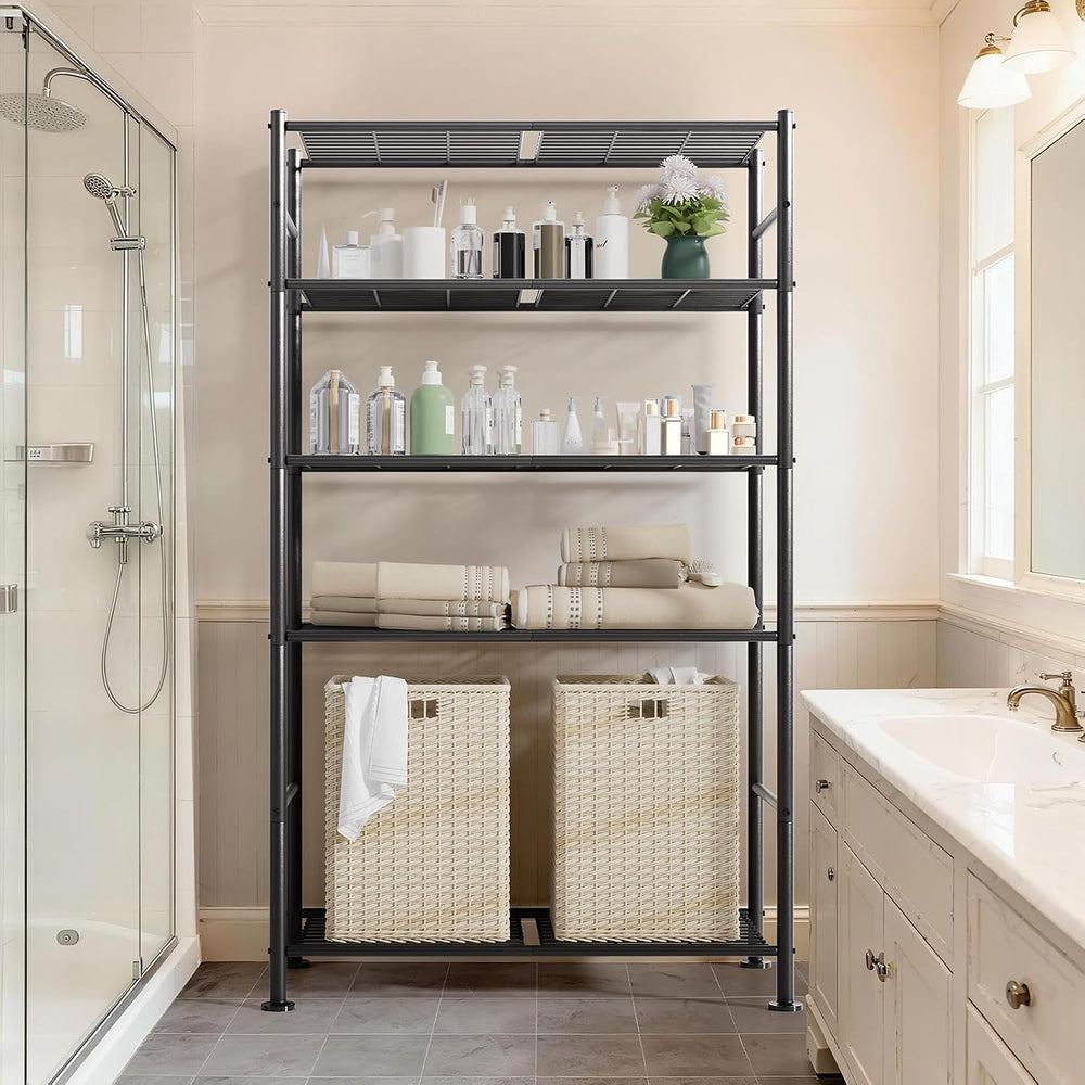 5 Tier Shelf Organizer Rack, Metal Shelving Unit with Adjustable Leveling Fee...